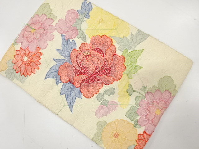 未使用品　手織り真綿紬　牡丹に菊模様織り出し　名古屋帯